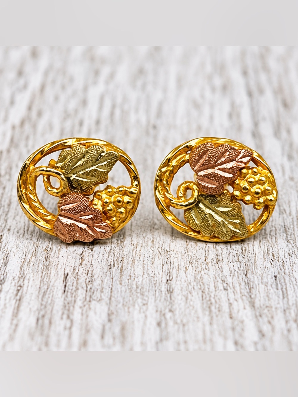 526. Vintage 12K Black Hills Gold Dainty Grape Leaf Tri Color Stud Earrings